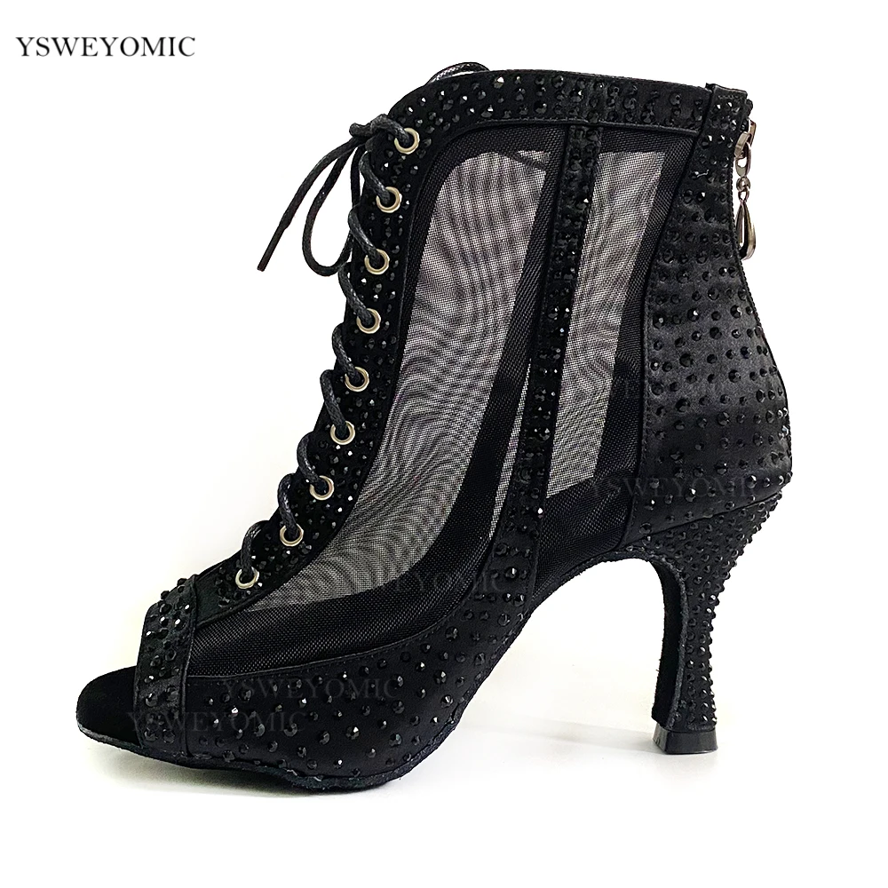 Rhinestones Dance Booties Suede Outsole 5cm 10cm Customized Bachata Salsa Latin Dance Shoes Outdoor Indoor