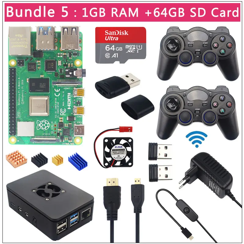 Комплект 5 Игровой Комплект Raspberry Pi 4 Модель B+ 2,4G беспроводные геймпады+ 64G 32G sd-карта+ ABS чехол+ блок питания+ вентилятор+ Micro HDMI - Комплект: Комплект 5