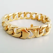 15 мм широкий бордюр кубинский браслет для мужчин крутой Серебряный Золотой полированный велосипед из нержавеющей стали Мужская цепочка браслеты ювелирные изделия браслет