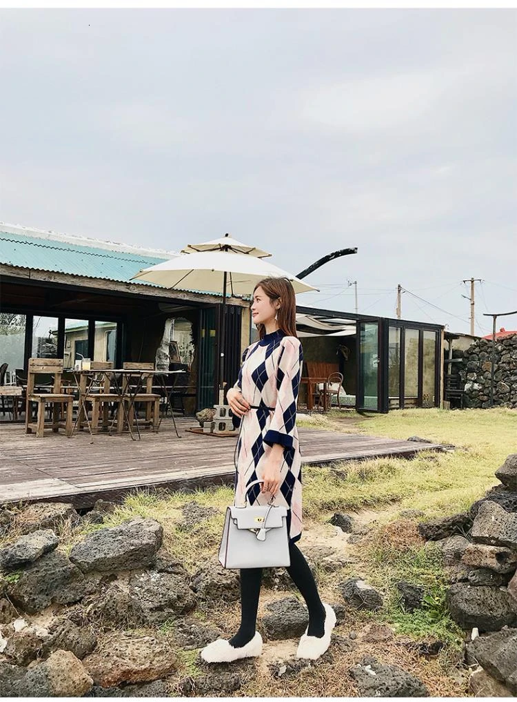 Autumn Winter Women Knitted Split Sweater Dress Hit Color Plaid Thick Long Sleeve Loose Casual Christmas Dress Vestido With Belt