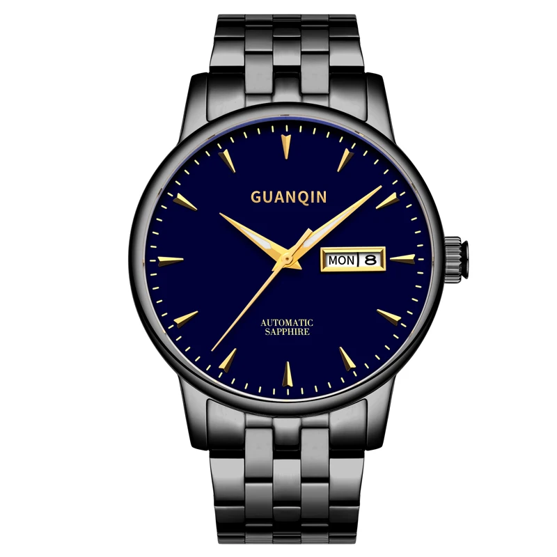 Guanqin Minimalist Style Automatic Watch Men Waterproof Calendar Triangular Scale Stainless Steel Men'S Mechanical Watches 