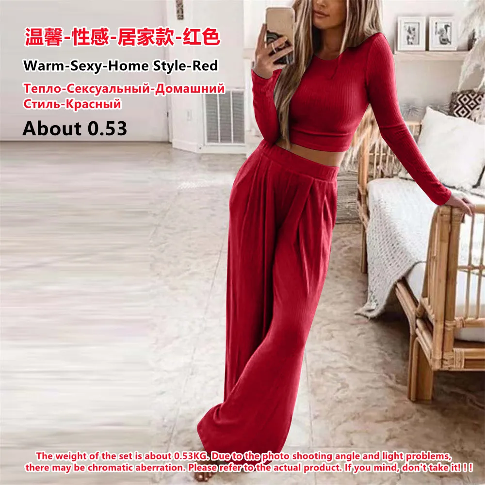 plus size sweat suits Women Elegant Solid O Neck 2-Piece Set Spring Full Sleeve Pullover Top Wide Leg Pants Set Two Piece Set Woman clothes Party Suit sexy pant suit