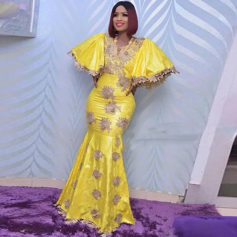

Bright Yellow Mermaid Evening Dress Plus Size Puffy Short Sleeves African Arabic Long Prom Dresses Lace Appliques Robe de soiree