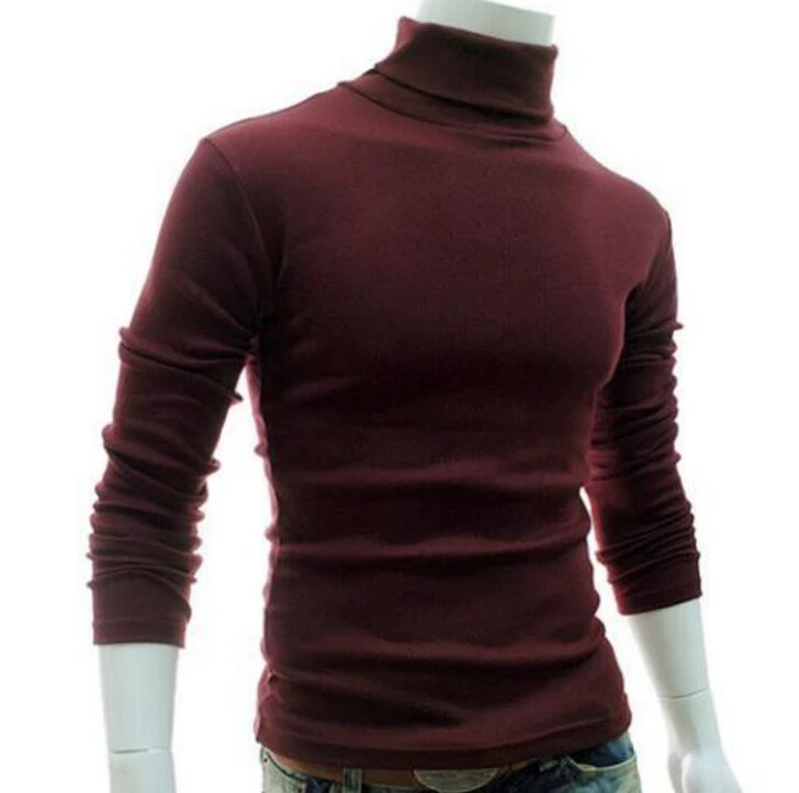 Men's Winter Warm Slim Sweaters Pullover Jumper High Neck Turtleneck Knit Solid Fashion Sweater Tops - Цвет: Бургундия