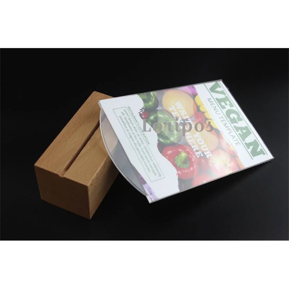 New Hot Sale A6 Unique Design Easy Reused Acrylic Clear Price Tag Menu Display Table Top Desk Sign Label Holder Thick Wood Base