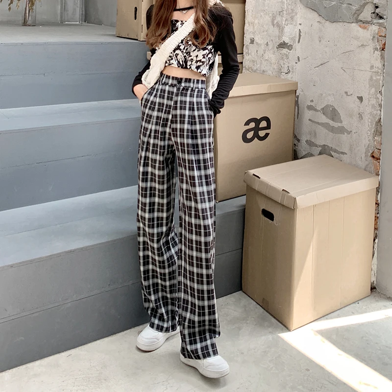 2021 Summer New Women Korean Fashion Y2k Baggy High Waist Plaid Pants With Elastic Band Wide Leg Lady Girls Boyfriend Trousers ksubi jeans