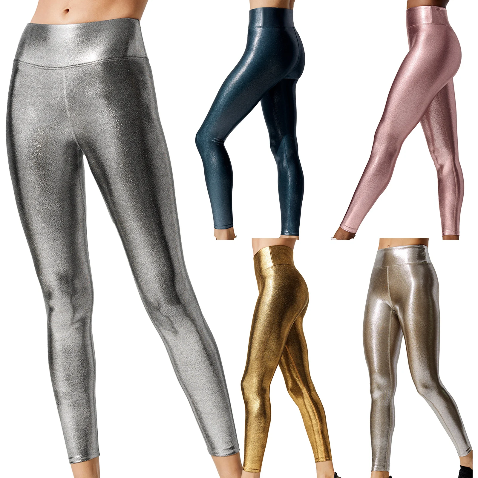 

Women Stretchy Leggings Tight Pants Pure Color High Waist Wide Elastic Waistband Shiny Metallic Sexy Trousers For Yoga Sport Gym
