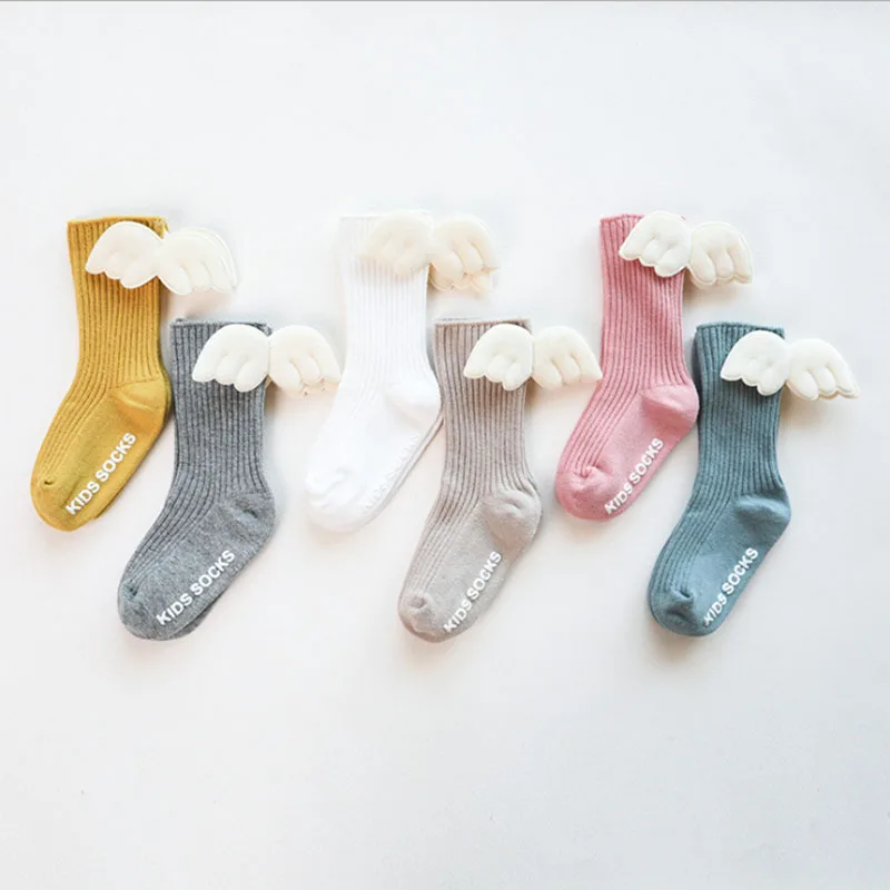 New Baby Girls Knee High Socks Angel Wing Summer Autumn Cotton Socks Solid Candy Color Children Toddler Short For Kids