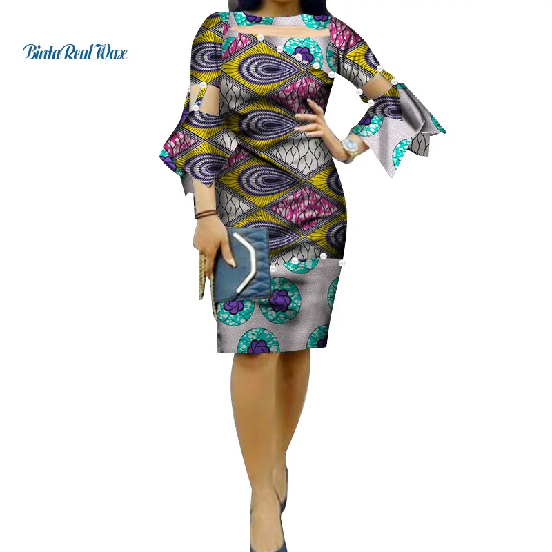 Летние африканские платья с принтом для женщин, из пряжи, с жемчугом, в стиле пэчворк, с расклешенными рукавами, вечерние платья Bazin Riche, африканская женская одежда WY076 - Цвет: 8