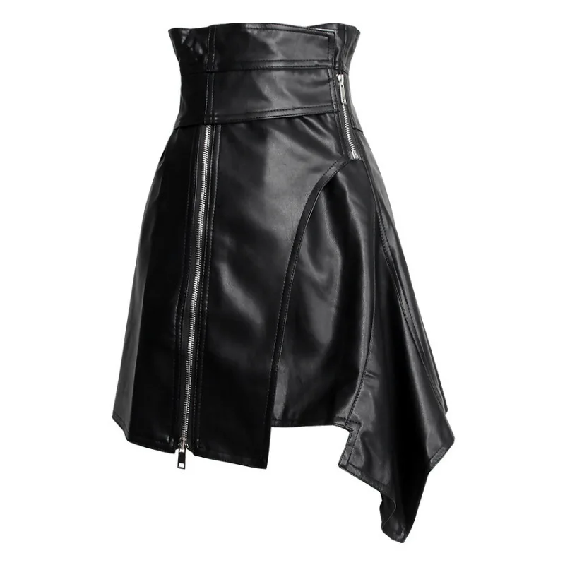 picture color XUXI New Spring Summer Fashion Pu Leather High Waist Sashes Spliced Irregular Half-body Temperament Women Skirt FZ0047 - Цвет: picture color