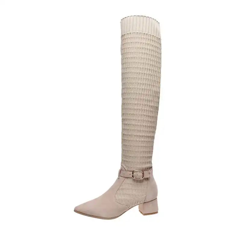 Vichelo Hot Internet star cow suede stretch fabric pointed toe med heels buckle straps winter women warm over-the-knee boots L77
