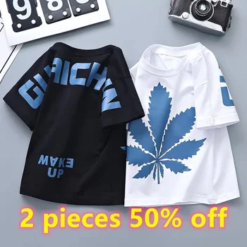 

Summer casual boy clothes round neck short sleeve printed T-shirt cotton black and white 6-year-old boy clothes
