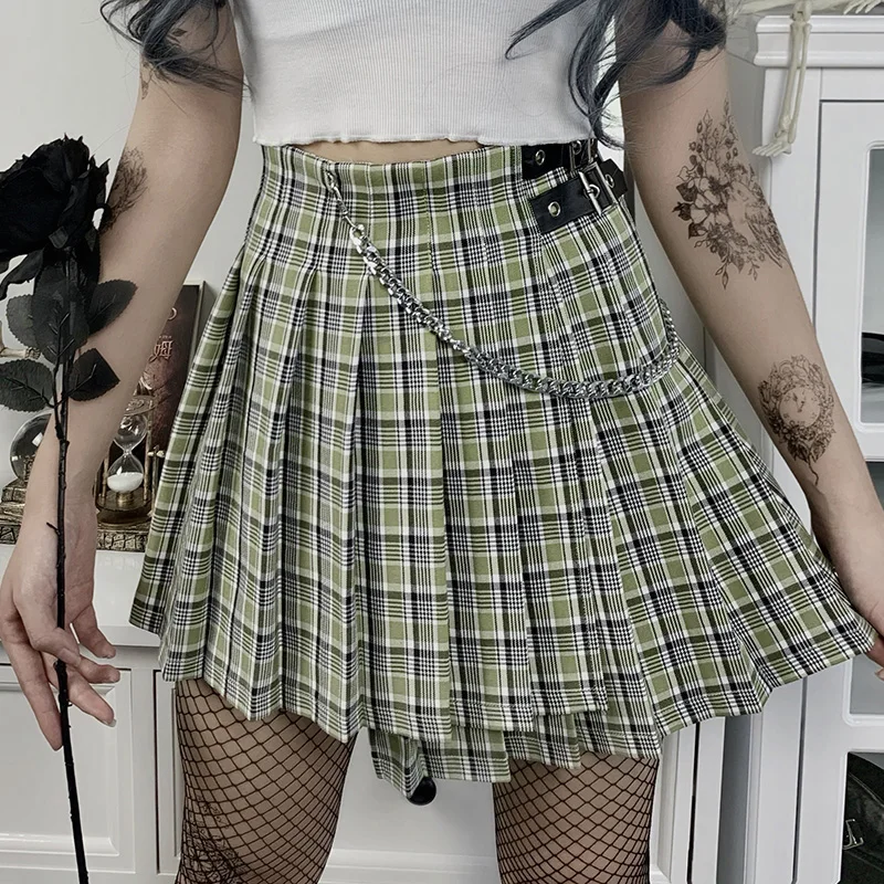 

Harajuku Green Plaid Skirt Women Punk Goth Preppy High Waist with Chain Mini Skirts Streetwear Grunge Korean Pleated Skirt Girls