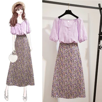 

Summer V-Neck Puff Sleeve Blouse Shirt Female Floral Print Chiffon Skirt Two Piece Casual Women Suit Dress