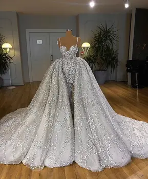 شراءفاخر كريستال الخرز انفصال قطار فستان الزفاف 2020 Vestido De Noiva مثير مفتوح الظهر السباغيتي الأشرطة الزفاف زي العرائس