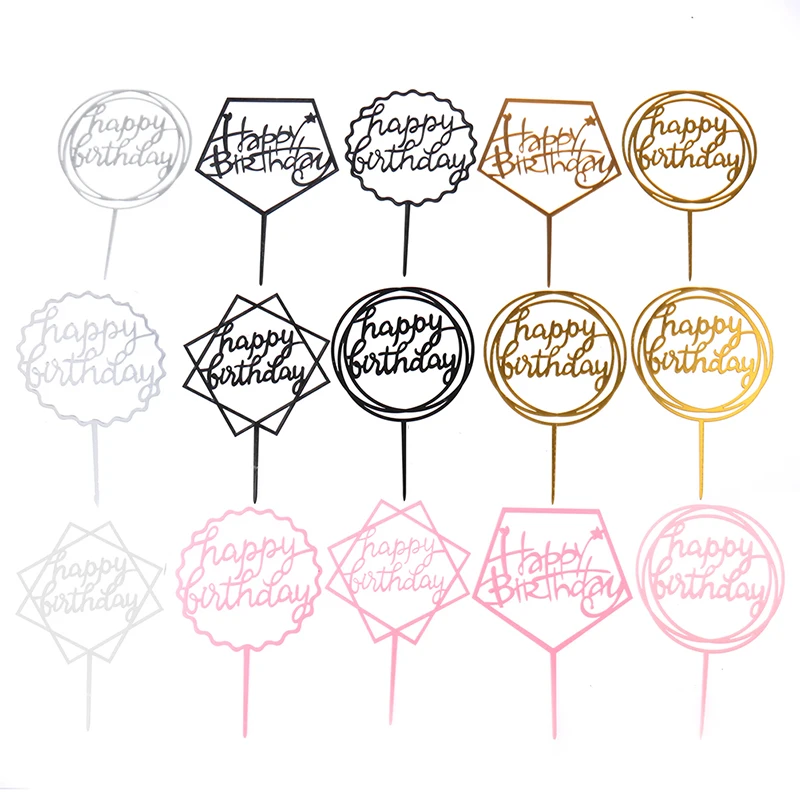 Gold Silver Black Pink Acrylic Hand Writing Happy Birthday Cake Topper Dessert Decoration For Birthday Party Lovely Gifts
