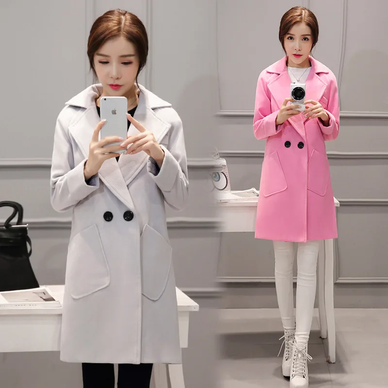 

2017 Winter New Style Korean-style Profile Mid-length Loose-Fit Slimming Thick Solid Color Woolen Coat