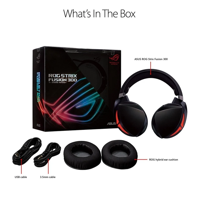 Гарнитура ASUS ROG Strix Fusion 300, проводная, звук 7.1, 20-20000 Гц, 32 Ом, 50-10000 Гц,-39 дБ, USB/mini jack 3.5мм, черный