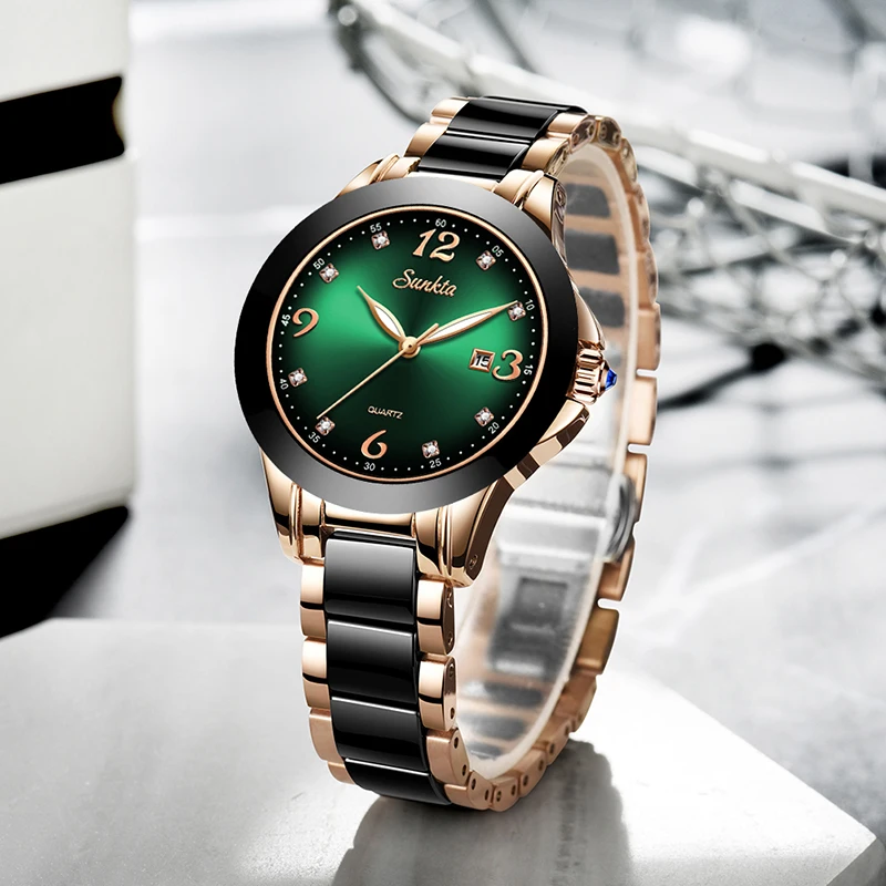 SUNKTA 2021 New Fashion ladies wrist watches Luxury Brand Crystal Dress Women Watch  Rhinestone Ceramic Wristwatch Quartz Watch