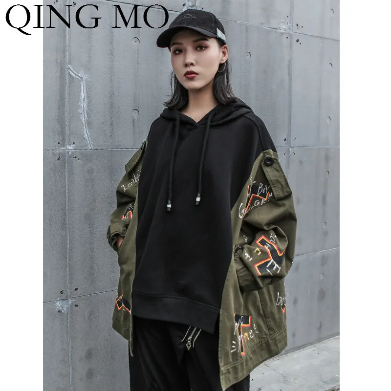 QING MO, Женская толстовка с буквенным принтом,, осенняя, женская, плюс размер, пэчворк, толстовка с капюшоном, ZQY1235