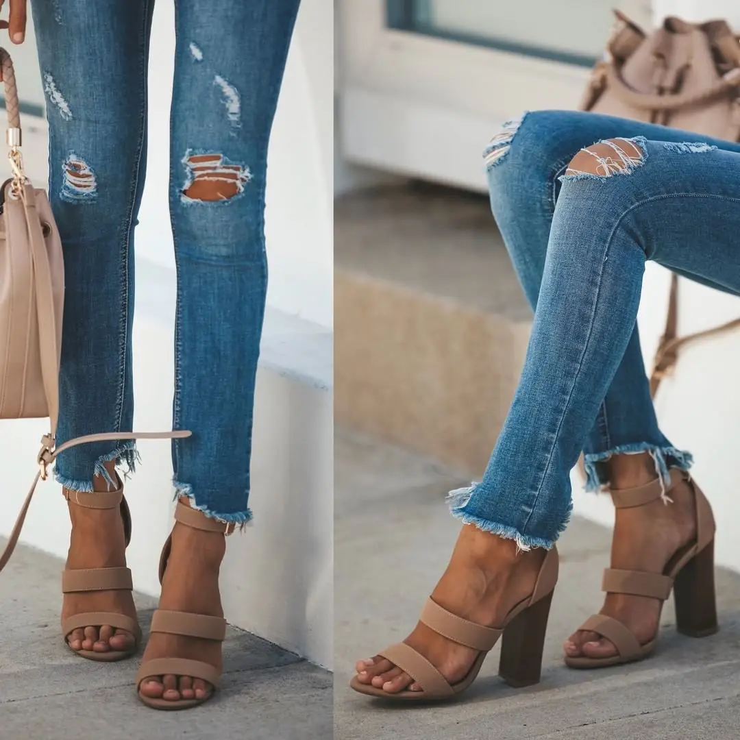 Jeans Woman Stretch Mid Waist Holes Slim Pencil Pants Fashion  Jeans for women 2020