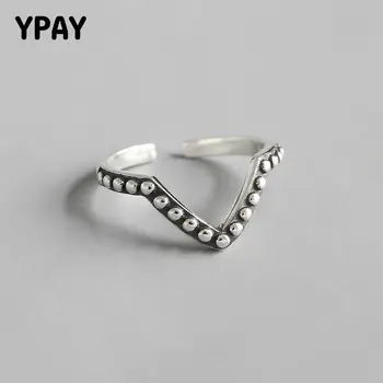 

YPAY Genuine 925 Sterling Silver Beads Rings for Women Men Vintage Letter V Open Ring Thumb Finger Fine Party Jewelry YMR715