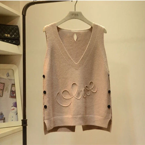 

Khaki Button Loose coat New Simple Cloth Fashion Korean lady Girls Waistcoat Autumn Sleeveless Sweater Vest Women Knitted Top