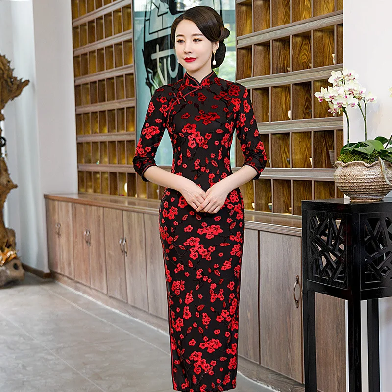 A Винтажное китайское традиционное женское велюровое цветочное Qipao Мандарин воротник Cheongsam Новинка китайское торжественное платье размера плюс 4XL 5XL - Цвет: A