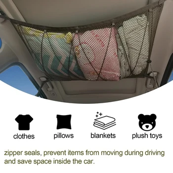 

Car Cargo Net Ceiling Storage Netting Pocket Double Layer High Elastic Simple Breathable Mesh Zipper Storage Bag