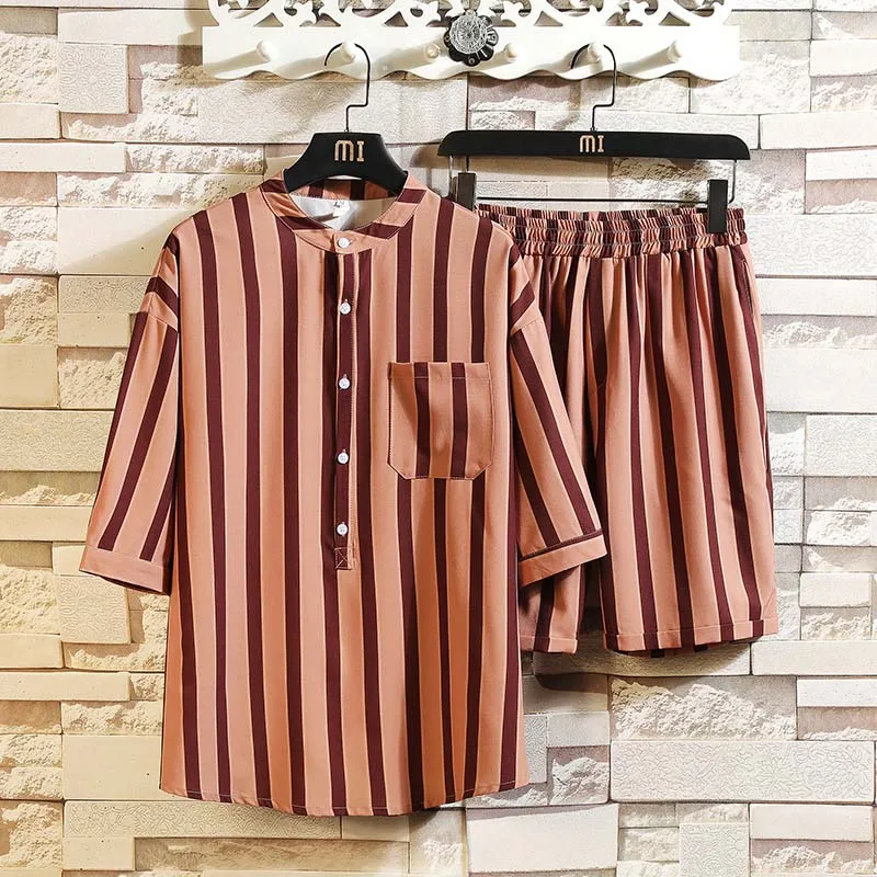 

2020 Men Striped Sets Mens Shirts+Shorts Man 2 Piece Tracksuit Male Casual O-Neck Short Shirts Workout Fitness Jogger Sets XXL