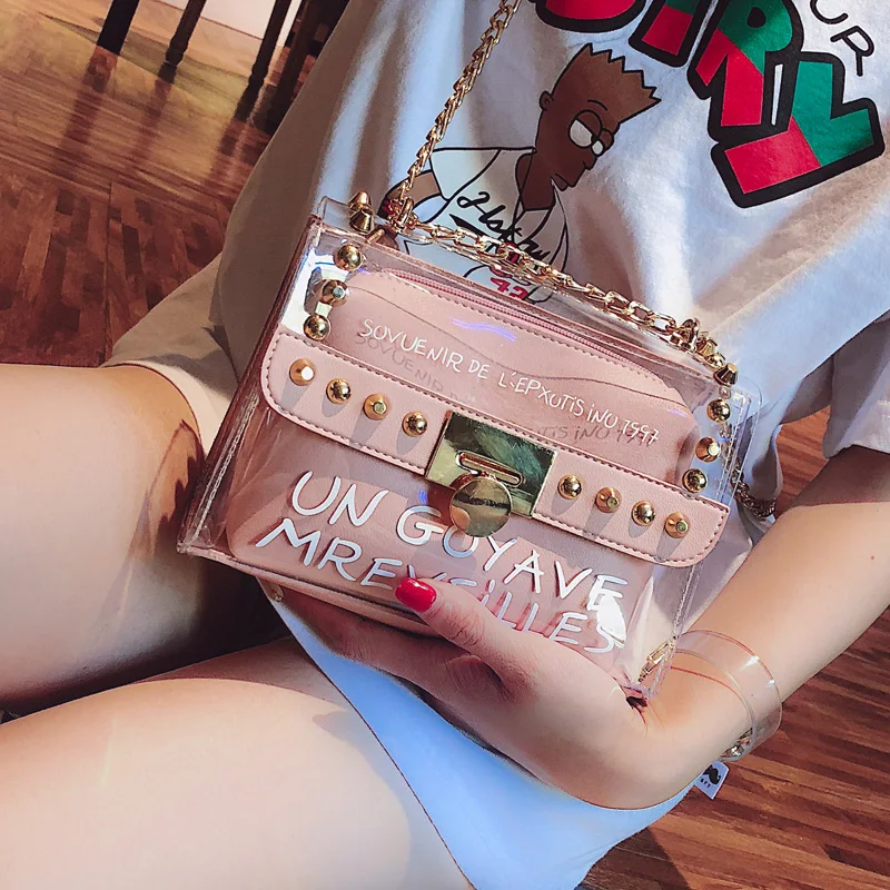 

2019 Summer Fashion New Handbag High quality PVC Transparent Women bag Sweet Printed Letter Square Phone bag Chain Shoulder bag
