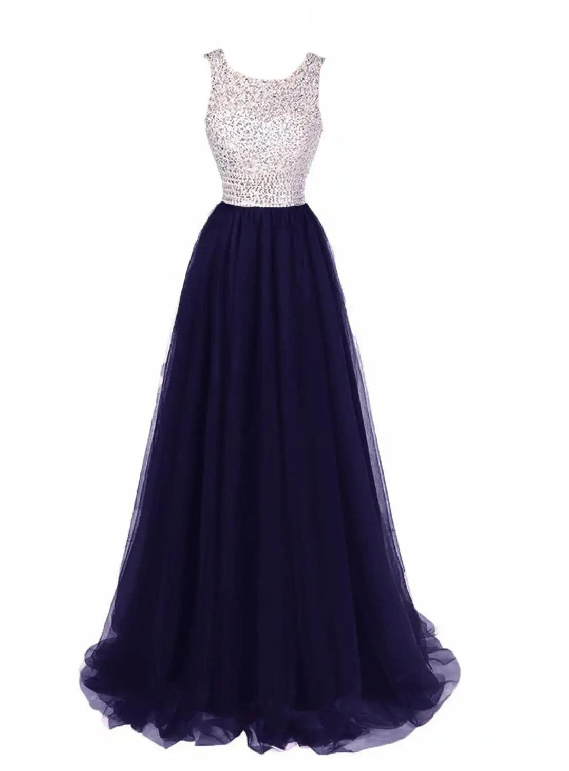 Navy Blue Модные длинные платья для выпускного вечера платье из фатина, расшитое пайетками на шнуровке сзади ТРАПЕЦИЕВИДНОЕ женское вечернее Платье Vestidos de Fiesta de Noche - Цвет: Navy Blue