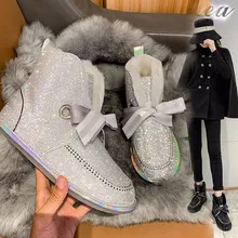 Зимние женские ботильоны в австралийском стиле; зимние ботинки серебристого цвета; стразы; блестящая обувь на меху для женщин и девочек в австралийском стиле