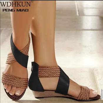 

WDHKUN Fashion New Fish Mouth Leather Canvas Women Weave Wedge Heel Shoes Zipper Sandals Casual Beach Sandals Roman Shoes