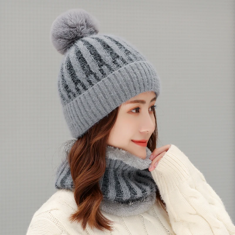 Зимняя имитация норки в полоску женские наборы шарф шапка женские шапки с искусственным помпон из лисьего меха толстые теплые женские шапки