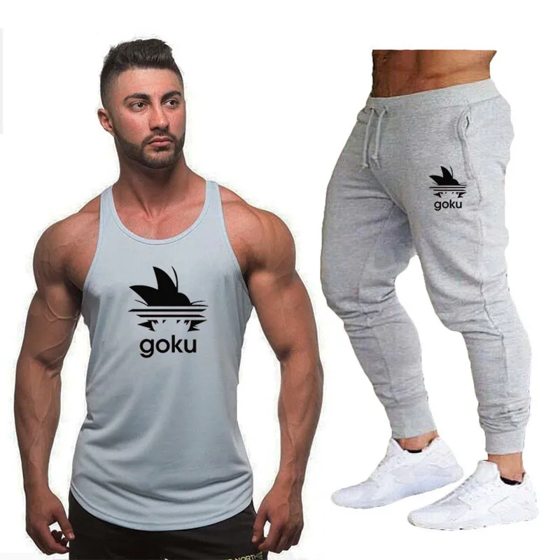 

Men Fitness Vest Wukong Print Fashion Gyms Brand Singlet+Pants Bodybuilding Stringer Muscle Guys Sleeveless Vest fitness Sets