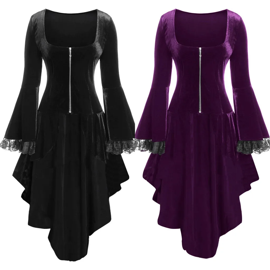 

Halloween Vintage Dress Women Plus Size 2XL Lace Velvet Patchwork Long Sleeve Zipper Square Collar Mini Dress Freeship 