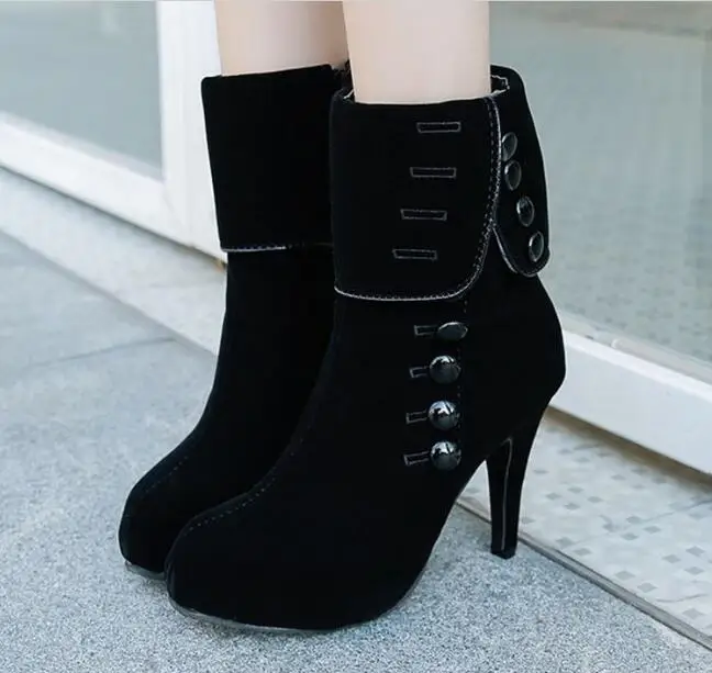 Winter new Button female Zippered round head boots high heel women's boots high heel shoes women comfortable wild fashion boots