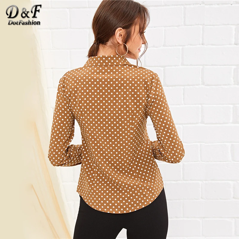 Dotfashion блуза с отделкой в горошек, рубашка женская, осень, коричневые блузки на пуговицах, Женская Повседневная, с изогнутым подолом