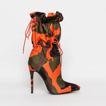 

Women Winter Warm Lace Up Ankle Boots Ladies Pointed Toe Boots Female Canvas Camouflage Thin High Heels Fashion Woman Shoes