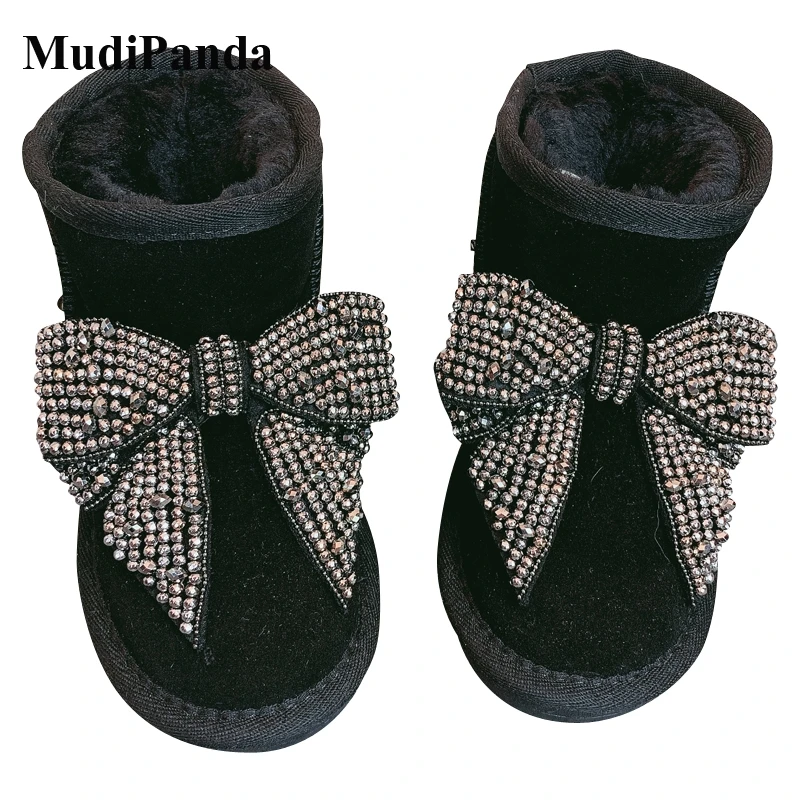 

MudiPanda Children Snow Boots For Girls 2020 Winter Rhinestone Bow-Knot Cowhide Waterproof Non-Slip Baby Warm Plus Velvet Shoes
