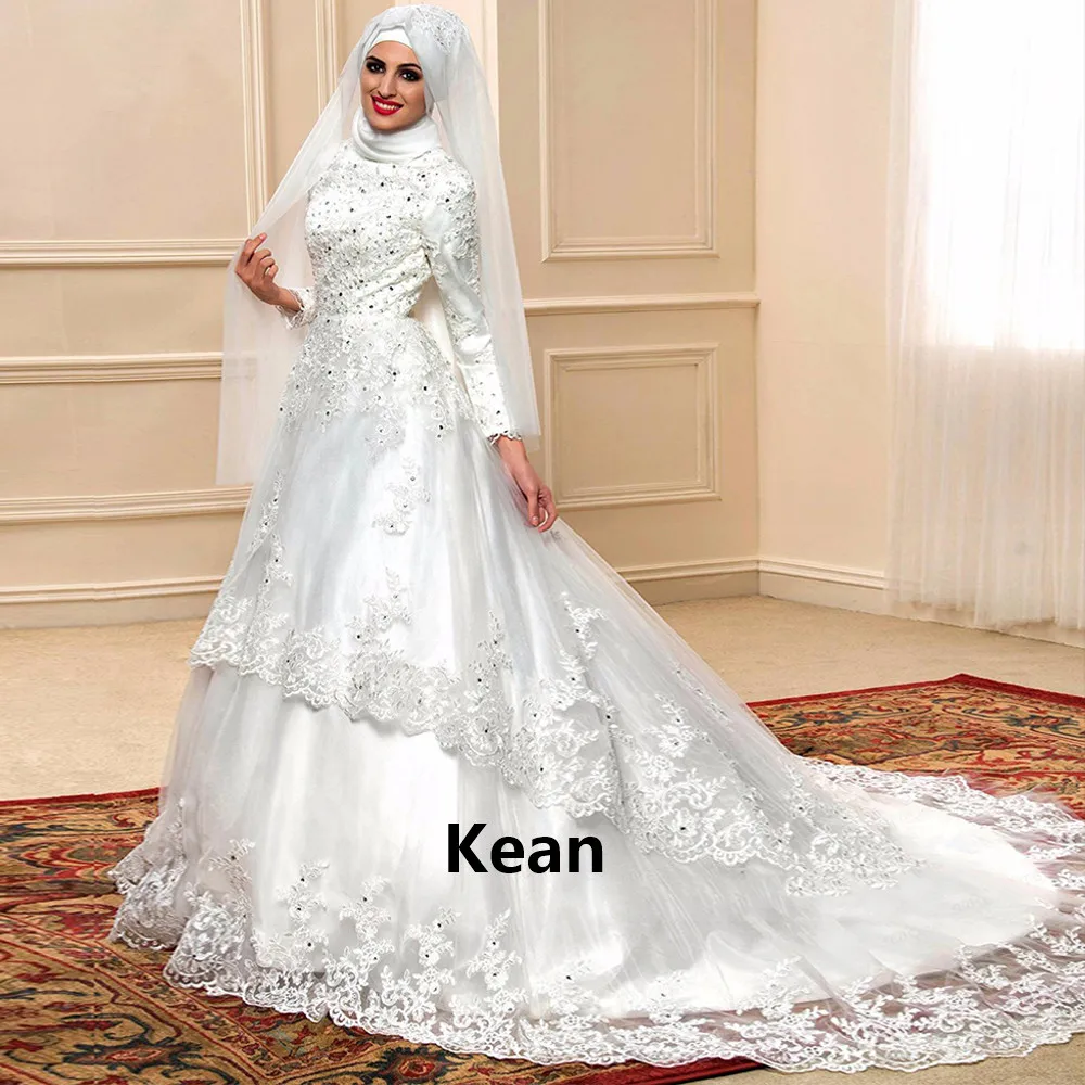 Lace Muslim Wedding Dress Applique Full Sleeve Scarf Ruffle Court Train Dubai Arabic Robe De Mariee Custom Made New Arrival | Свадьбы и
