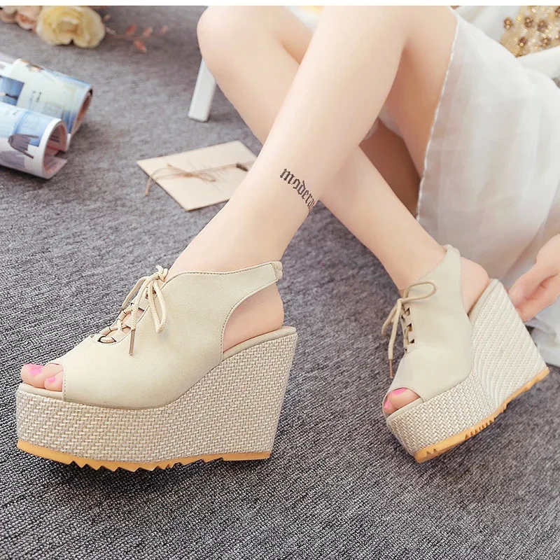 

Peep Toe Fashion Platform Wedges Sandals Women Basic Solid Lace-Up Ladies Shoes High Back Strap Casual Summer Mature Sandals