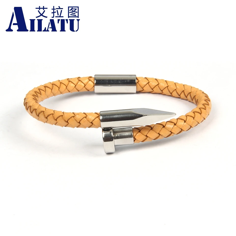 Ailatu Genuine Leather Bracelet for Men Women Design Stainless Steel Magnetic Clasp Braid Rope Jewelry Mix Colors