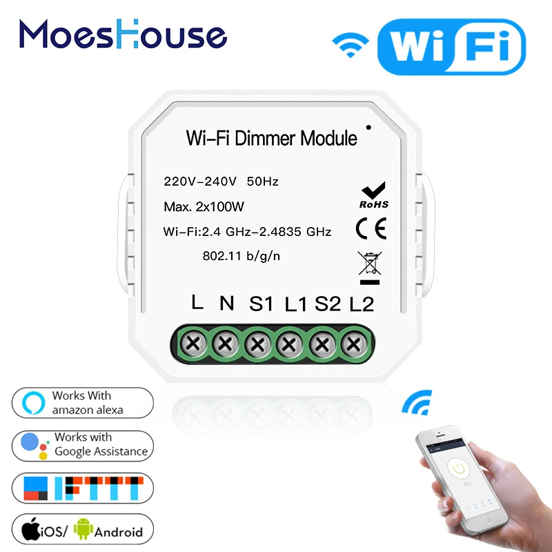 

2 Gang DIY WiFi Smart 2 Way Light LED Dimmer Module Switch Smart Life/Tuya APP Remote Control Work with Alexa Google Home