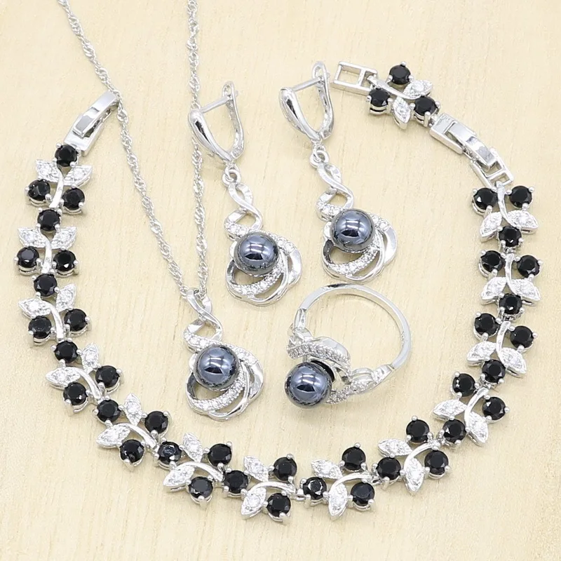 

Black Pearl 925 Silver Necklace Pendant Earrings Ring Jewelry Sets for Women Zircon Bracelet Birthday Gift