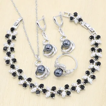 

Black Pearl Silver Color Necklace Pendant Earrings Ring Jewelry Sets for Women Zircon Bracelet Birthday Gift