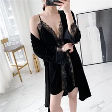 Зимний женский халат и халат, комплект из 2 предметов, Золотая Бархатная одежда для сна, сексуальное кружевное белье, халат с длинным рукавом, Женская домашняя одежда