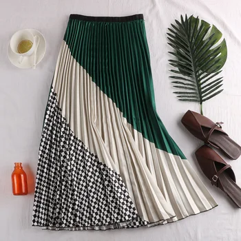 

C26 autumn new high waist show thin stripe Plaid pleated half skirt mix with long and medium casual skirt children