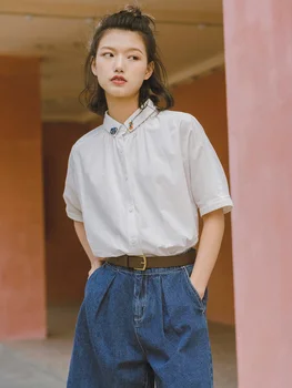 

INMAN 2020 Summer New Arrival Pure Cotton Embroidered Lapel Dropped Shoulder Sleeve Loose Literary Blouse